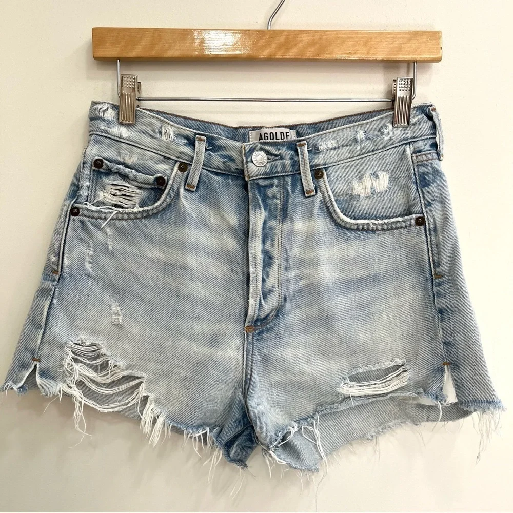 AGOLDE high rise Jaden denim jean shorts button fly distressed size 25